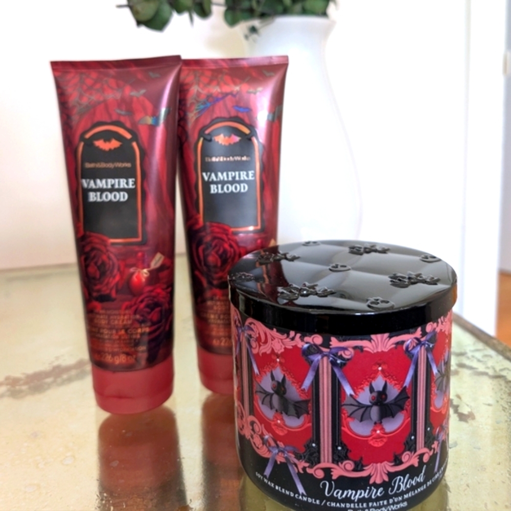Bath & Body Works Vampire Blood Ultimate Hydration Cream (2) & 3-Wick Candle Set
